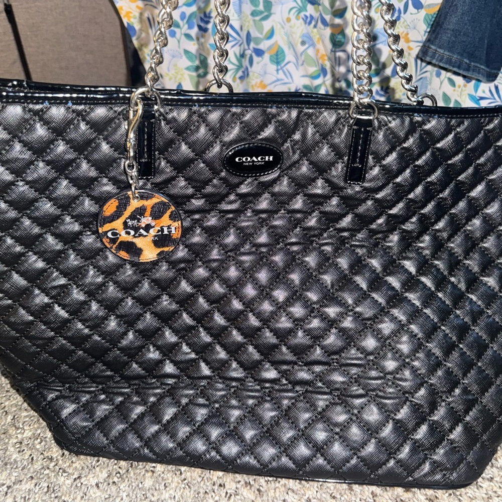 Coach Black Quilted Leather Tote with Chain Straps